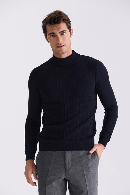 Navy Blue Slim Fit Half Fisherman Patterned Knitwear Sweater