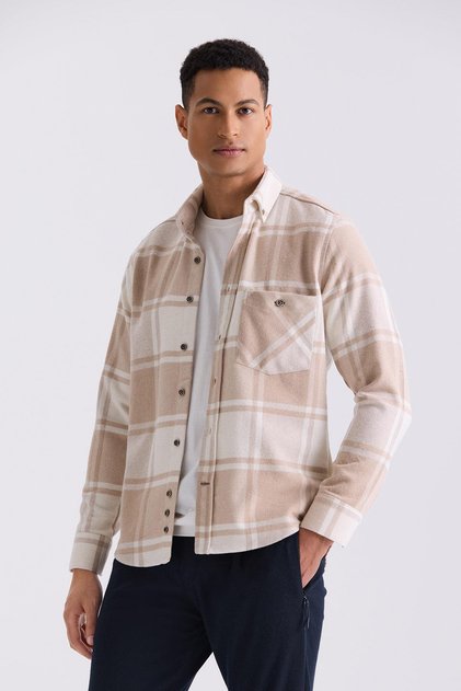 Beige Slim Fit Collar Buttoned Plaid Shirt