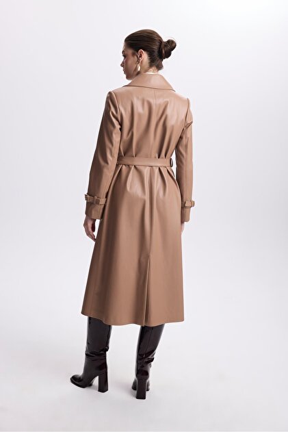 Zühre Kruvaze Yaka Kol Detaylı Camel Deri Trençkot 13014 - Fiyatı