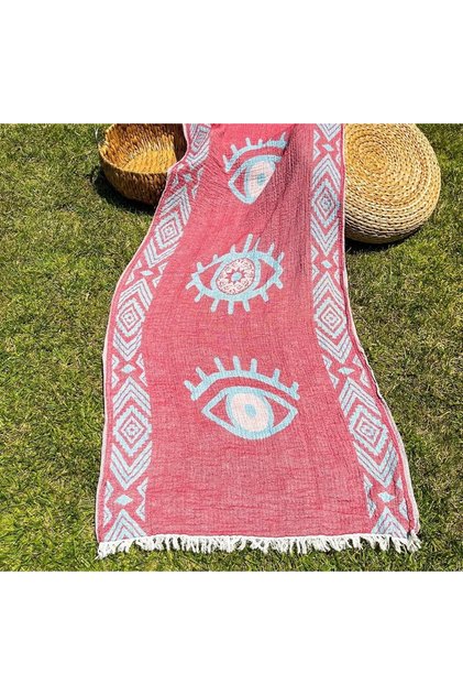 90X180 Double Sided 3 Layer Muslin Eye Patterned Kilim Motif Beach Towel - Peshtamal - Red