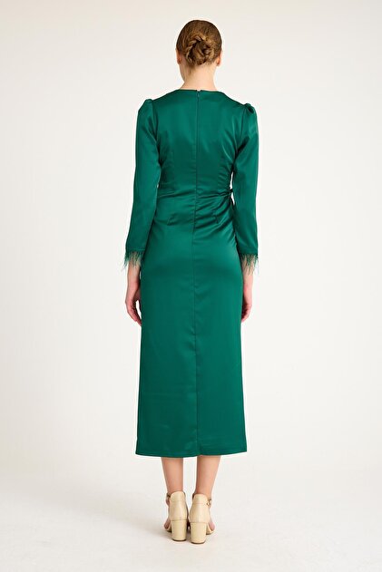 Olcay Green Silk Satin Evening Dress with Feather Sleeve and Pleat Detail  4897-E- Trendyol