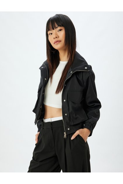 Crop Raincoat with Stand Collar, Zipper and Pocket Detail, Waterproof