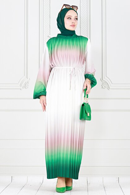 Sevitli Emerald Green Pleated Marbled Hijab Dress- Trendyol