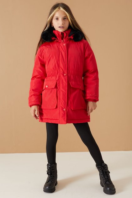 Red Hooded Girl's Coat with Pockets 19065