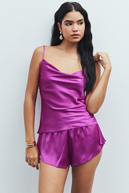 Caché Fuchsia Degaje Collar Strap Short Satin Pajama Set