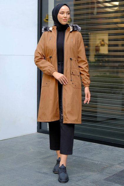 Interior Plush Coat with Ornamental Pocket, Brown HM2295