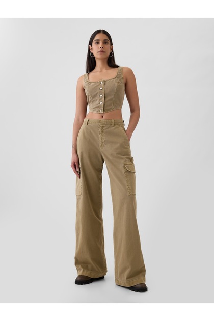 Kadın Koyu Bej Low Rise Baggy Kargo Khaki Pantolon