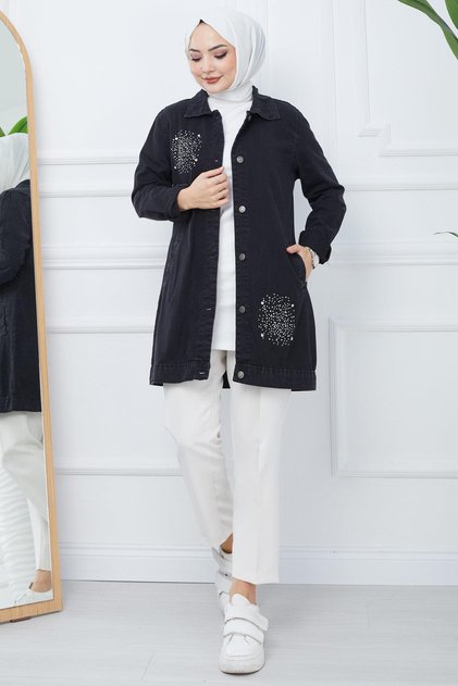 Stone Printed Denim Jacket Black HM2377