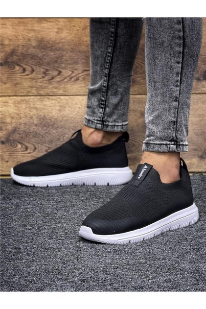 Unisex Ortopedik Bağcıksız Triko Spor Ayakkabı-Siyah-Beyaz