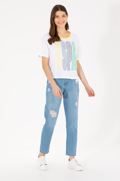 Pantaloni de damă albastru deschis Mom cu talie înaltă 50263809-DN0021