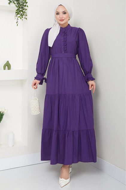 Dress with Ruffles on the Front and Tie-Detail Sleeves Purple HM2078