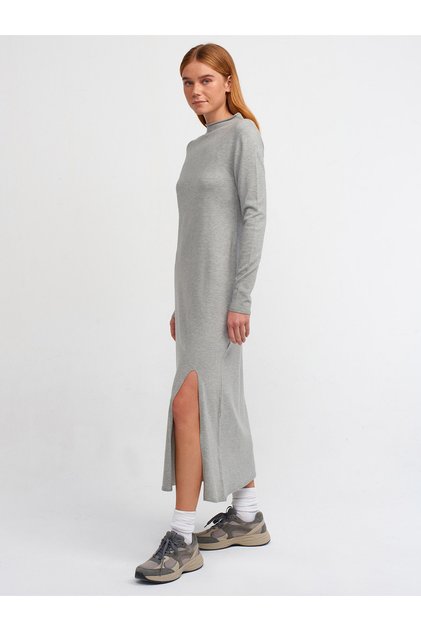 90170 Stand Collar Front Slit Knitwear Dress-Grey