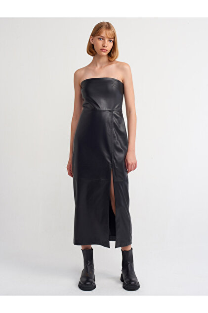 Dilvin 90801 Slit Strapless Faux Leather Dress-Black- Trendyol