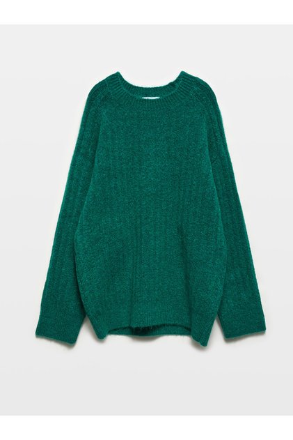 10628 Bisiklet Yaka Oversize Triko Kazak-Zümrüt