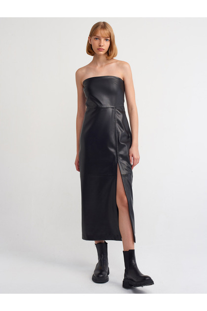 Dilvin 90801 Slit Strapless Faux Leather Dress-Black- Trendyol Dilvin 90801 Slit Strapless Faux Leather Dress-Black- Trendyol