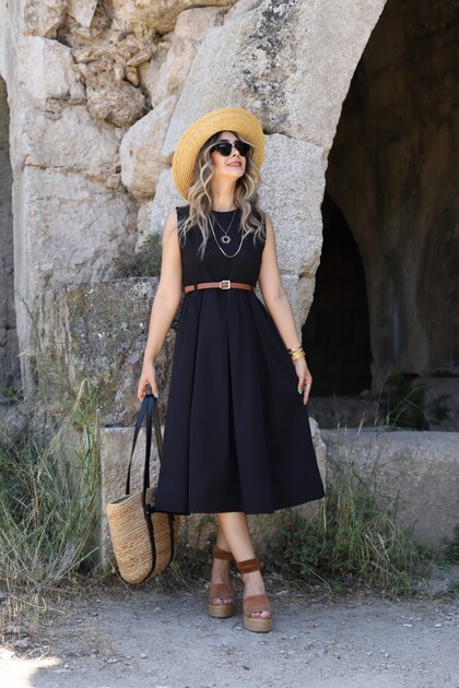 bytugcekaya Pleated Dress - Black Leather and Belt- Trendyol bytugcekaya Pleated Dress - Black Leather and Belt- Trendyol