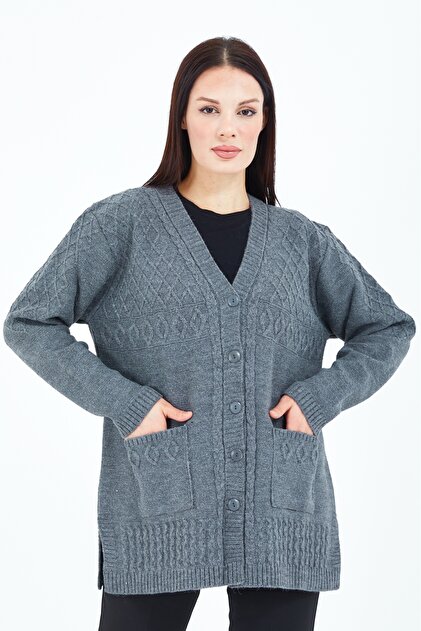 Women's Gray V-Neck Buttoned Pocket Knitted Wool Mother Knitwear Short Cardigan