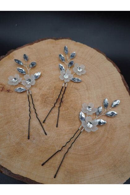 Silver-Colored Stone and Floral Triple Bridal Crown Set – with Hairpin Detail