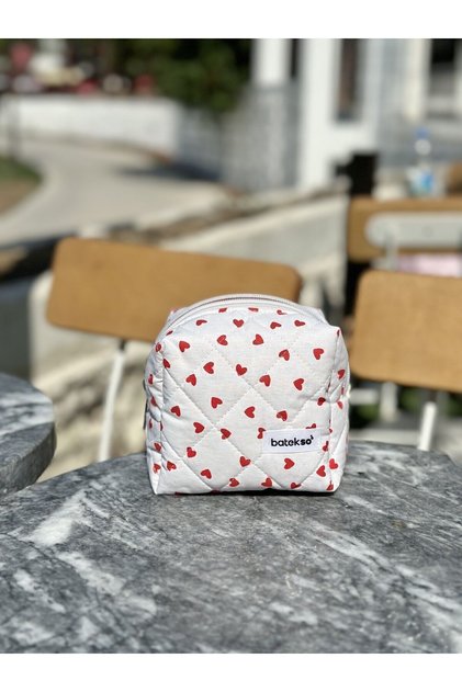 Mini Red Heart Patterned Makeup Bag - Small Size