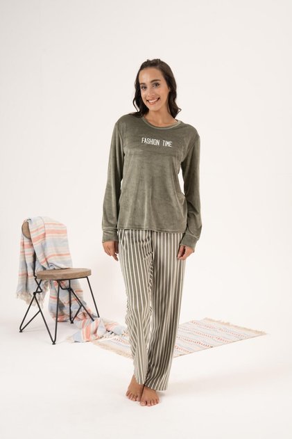Green Striped Velvet Women's Pajama Set - Winter