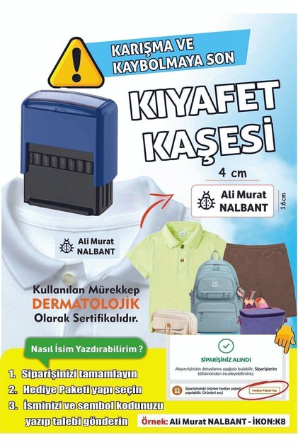 KIYAFET KAŞESİ KREŞ, ANAOKULU, İLKOKUL ÖĞRENCİ KAŞESİ KİŞİYE ÖZEL MÜREKKEPLİ KAŞE İSİM KAŞESİ