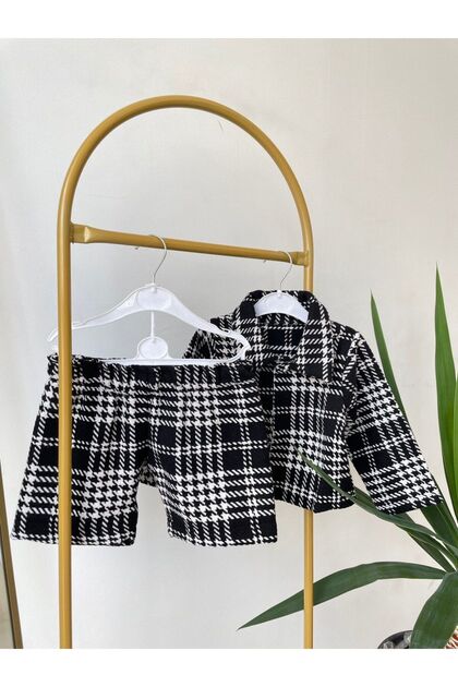 Girl's Black and White Houndstooth Patterned Long Sleeve Top and Skirt Jacket Set