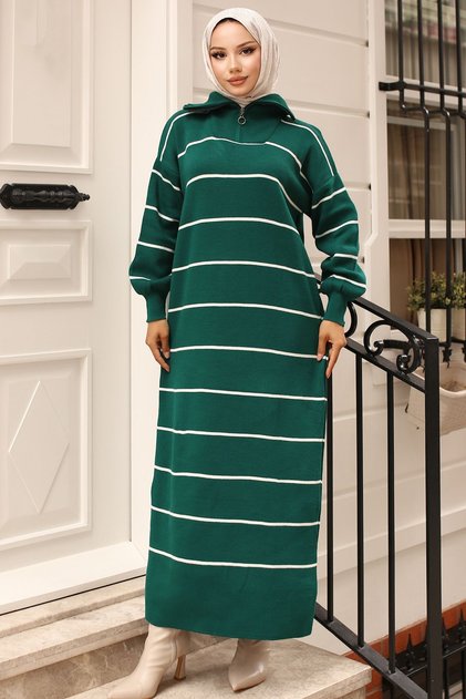 11038-14 Striped Knitwear Dress with Zipper Detail at the Collar, Emerald Green