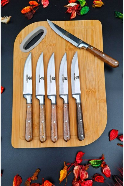 Steak Meat Kitchen Fruit Vegetable Knife Set and Presentation Salad Cutting Board 7-Piece Dowry Set