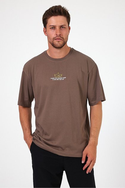 Men's I Swear Printed Oversize 100% Cotton Loose Wide Cut Crew Neck Soft Textured Brown T-Shirt