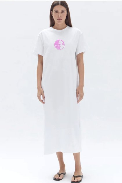Balance Cats White Crew Neck Short Sleeve Combed Cotton Long Dress
