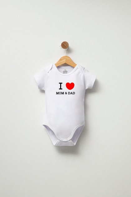 %100 Pamuklu Bebek Body - I Love Mom & Dad- Bebek Zıbın Badi - Yazılı Zıbın