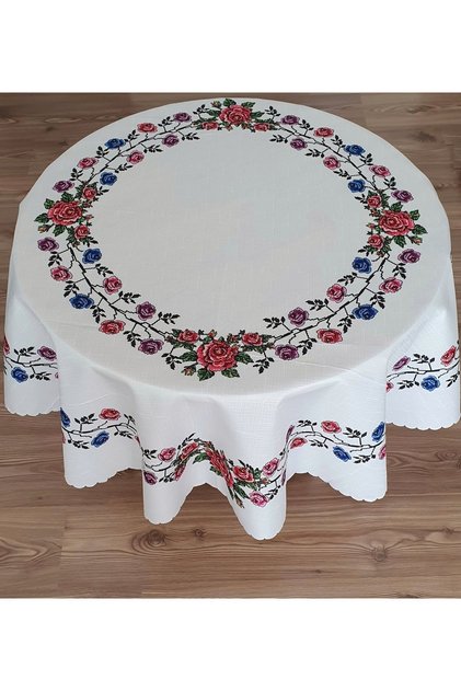 مفرش طاولة دائري من قماش البوليستر المطبوع بنمط غرز متقاطعة مع الورود الملونة (150 × 0 سم)