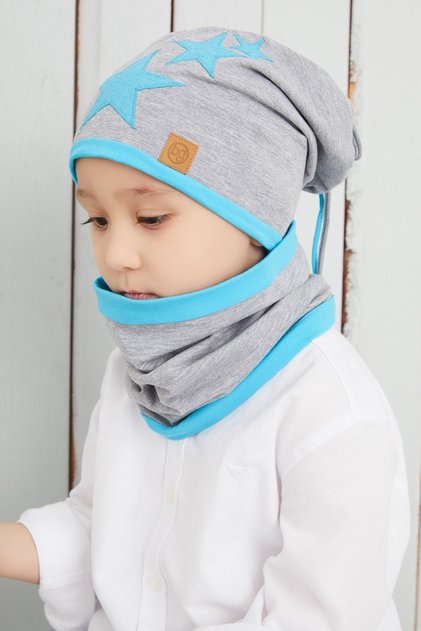 Erkek Çocuk Gri Mavi Yıldızlı Bere Boyunluk Set Yumuşak Çift Katlı %100 Doğal Pamuklu Penye.