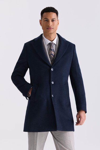 Navy Blue Regular Fit Mono Collar Woolen Cashmere Coat