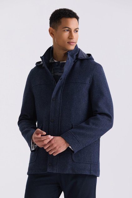 Navy Blue Comfort Fit Judge Collar Patterned Hooded Woolen Sports Coat