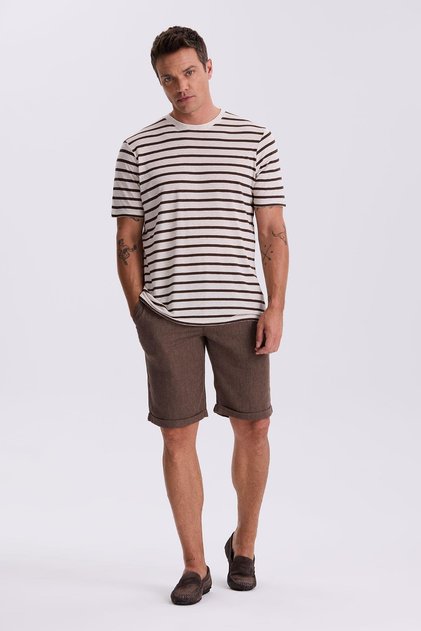 Beige Striped Slim Fit Crew Neck T-Shirt