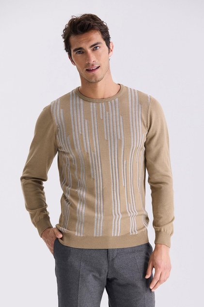 Beige Slim Fit Crew Neck Patterned Knitwear Sweater