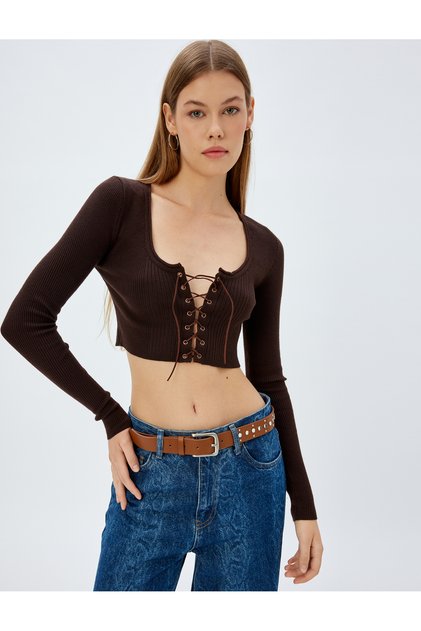 Long Sleeve U-Neck Crop Knit Sweater with Cross Lace Detail at the Front