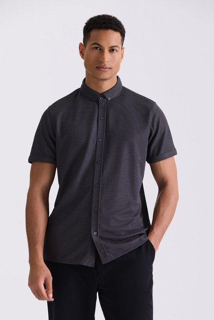 Anthracite Slim Fit Shirt Collar Buttoned T-Shirt