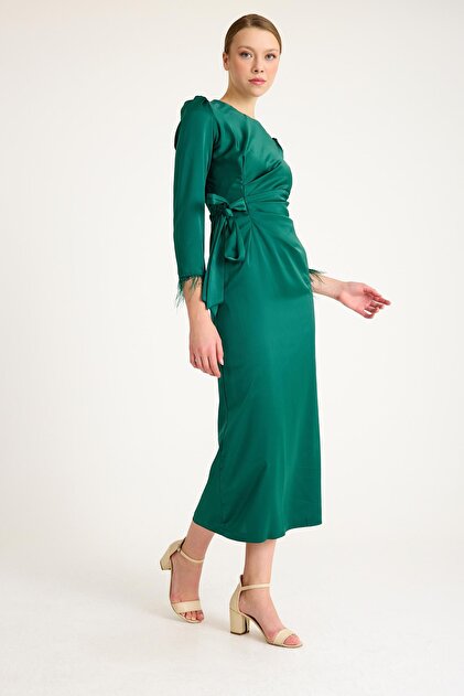 Olcay Green Silk Satin Evening Dress with Feather Sleeve and Pleat Detail  4897-E- Trendyol