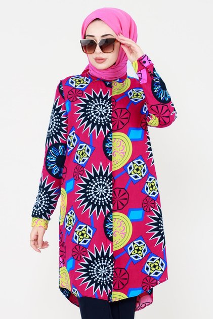 Ethnic Patterned Viscose Tunic-Fuchsia