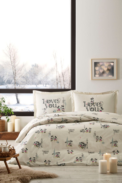 Mickey & Minnie Mouse Love You Çift Kişilik Disney Lisanslı Lastikli Fitted Çarşaf Nevresim