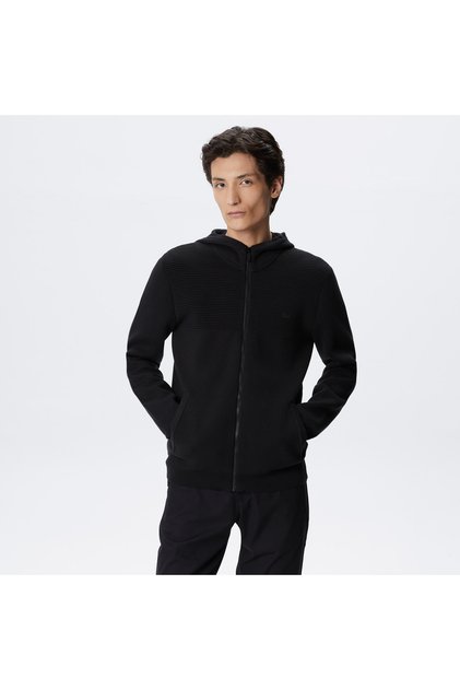 Erkek Regular Fit Uzun Kollu Kapüşonlu Desenli Siyah Triko
