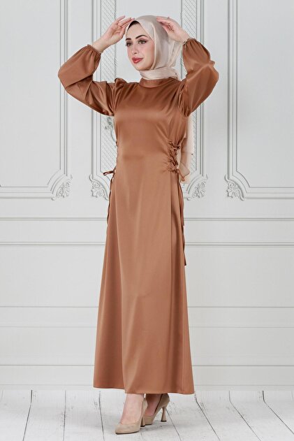 Sevitli Satin Evening Dress - Side Lace, Camel Color- Trendyol