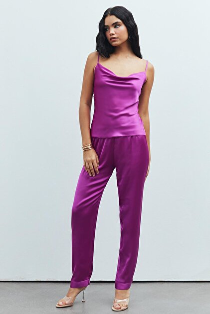 Brûleur Fuchsia Long Satin Pajama Set with Shawl Collar