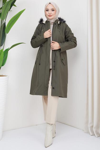 Fur Coat with Ornamental Pockets Khaki HM2322