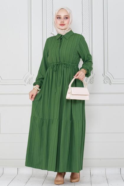 Shirt Collar Waist Tunneled Saree Dress-Green