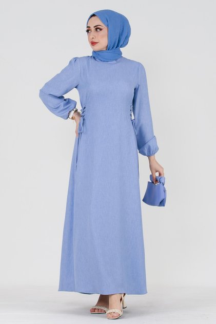 Linen Dress with Side Ties - Baby blue