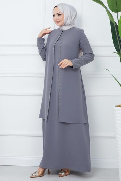 Kolları Taşlı Büyük Beden Anne Elbisesi Gri Hm2349