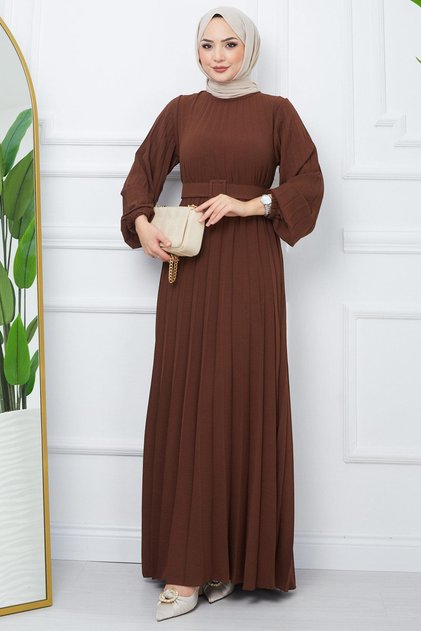 Belted Pleated Aerobin Dress Brown HM2339